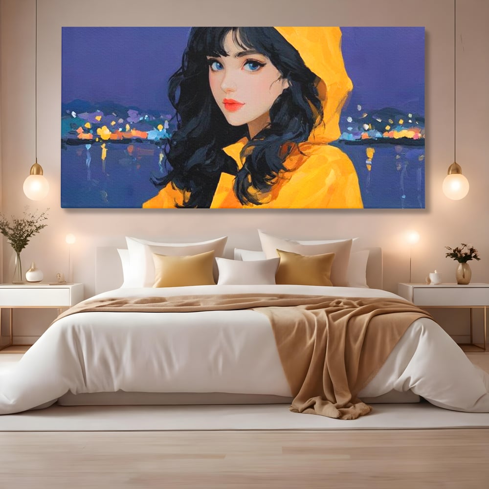 Tablou canvas cu tablou canvas cu femeie in pelerina galben, fara rama, pe sasiu de lemn, pe perete intr-un dormitor